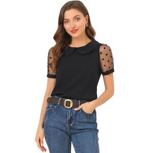 Peter Pan Collar Top Puff Short Sleeve Polka Dots Mesh Sleeve Blouse Black
